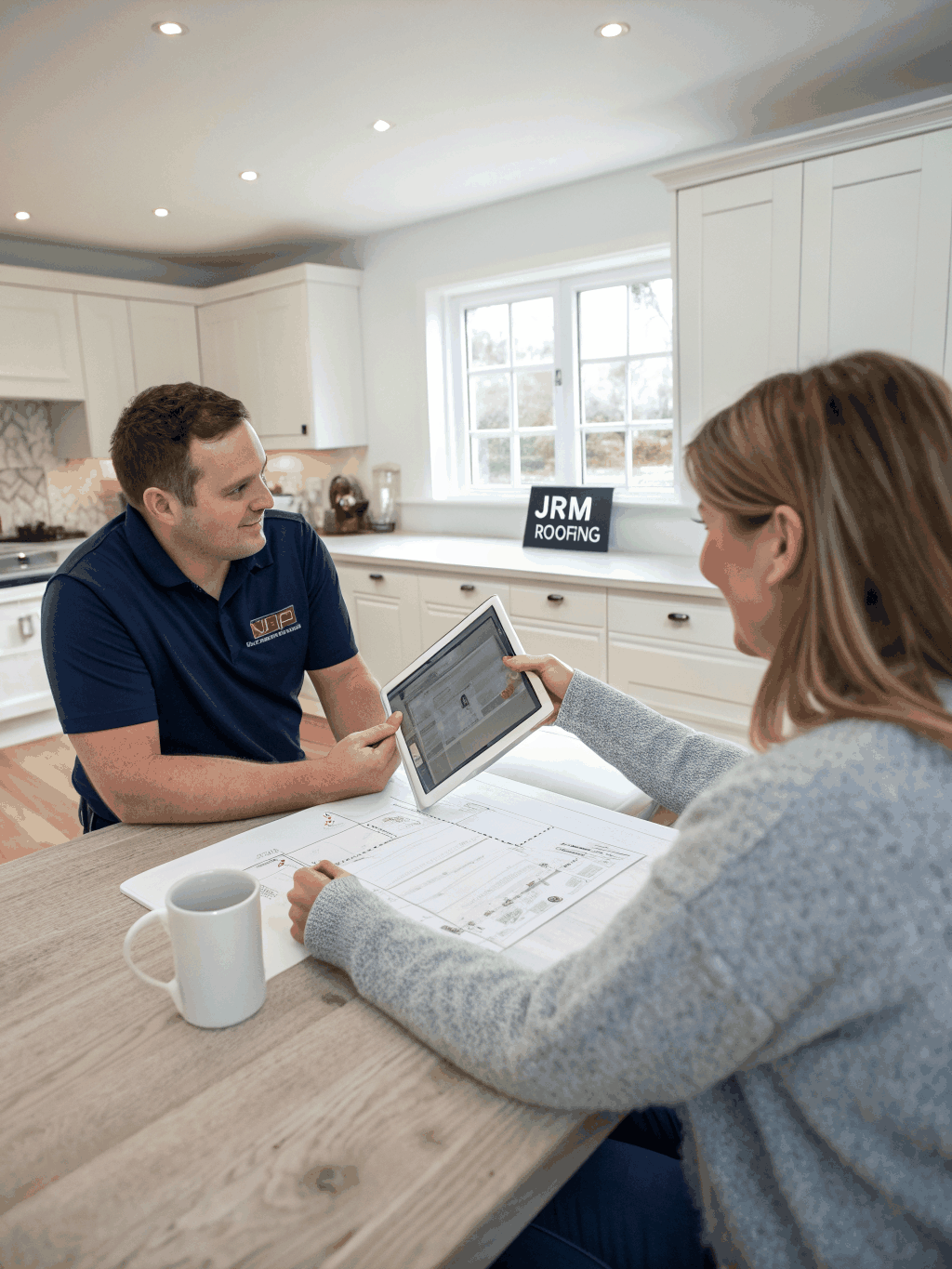 Inspector explaining claim documentation to a homeowner