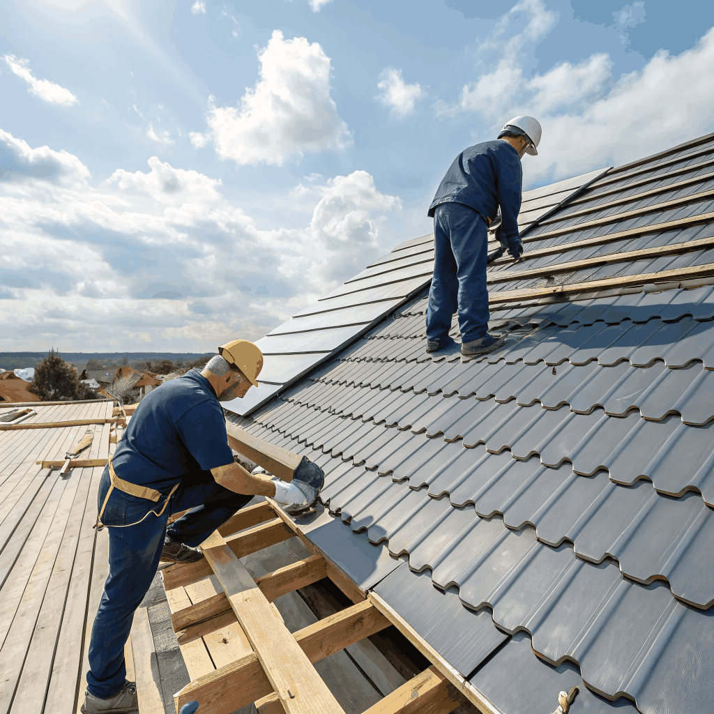 Industrial metal roof installation by NorthPoint Exteriors