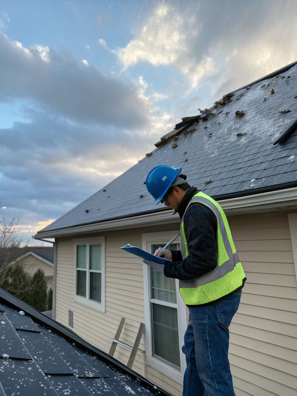 Professional inspector examining roof shingles for storm damage