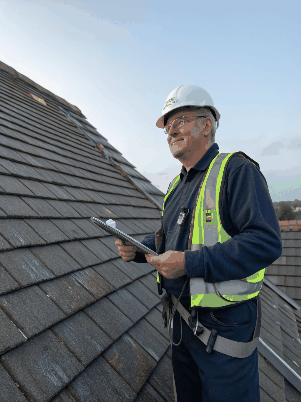 High-contrast technical photograph of a roofing professional inspecting hail impact