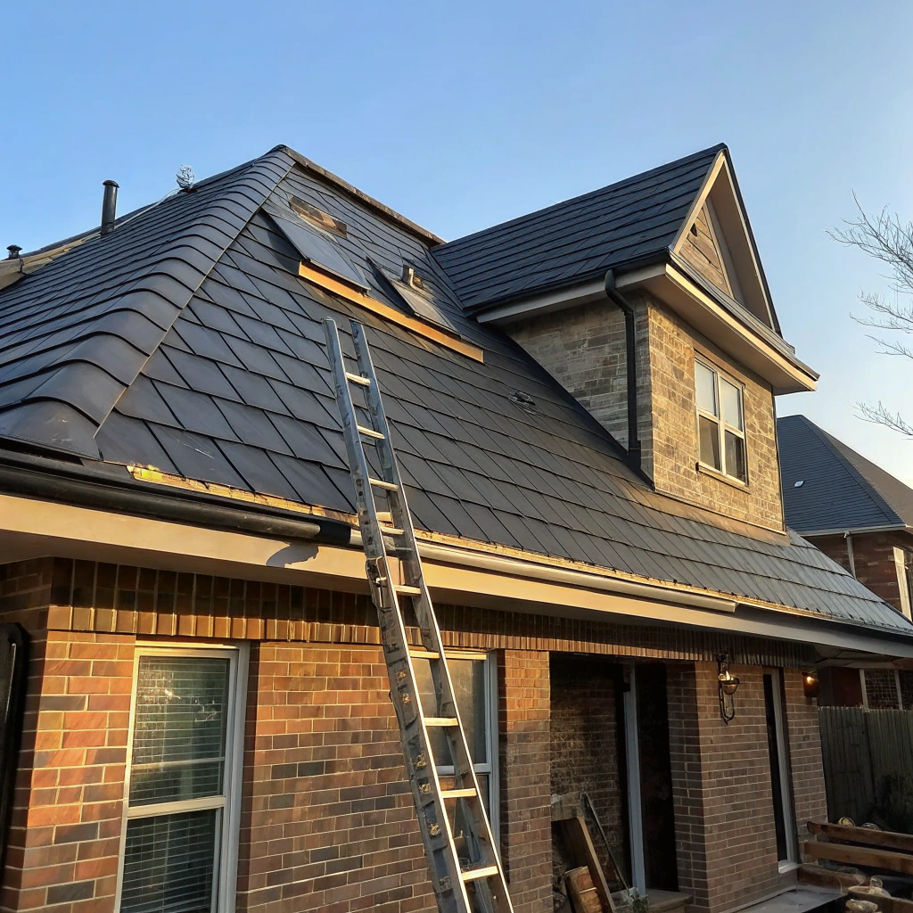 Wide aerial drone shot of a perfectly installed modern architectural roof